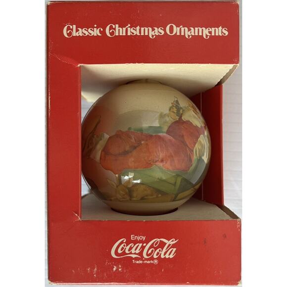 Vintage 1984 Classic Christmas Ornaments Glass Ball Santa Drinking Coca Cola - Picture 3 of 6